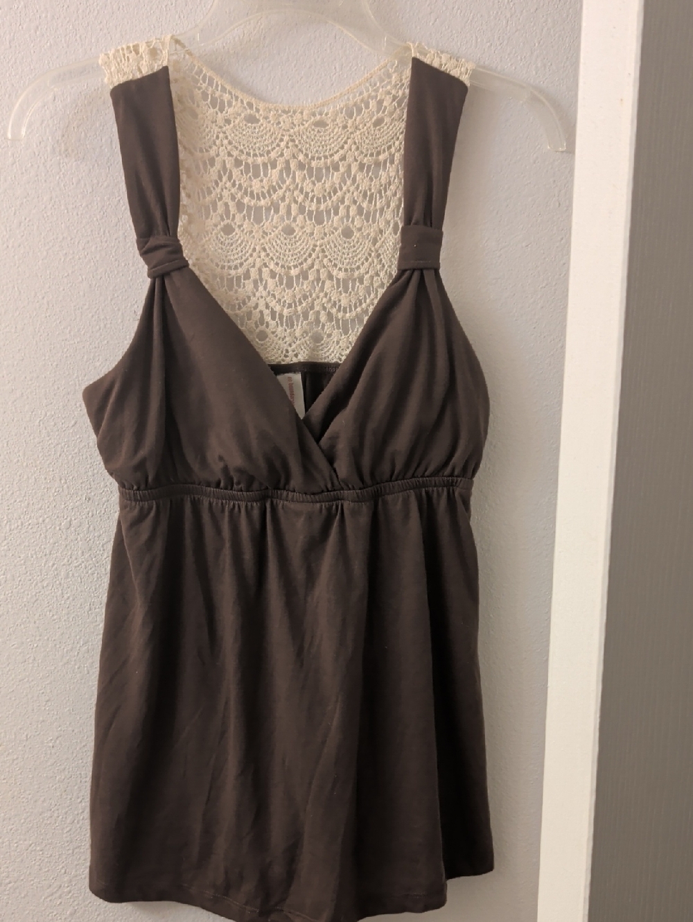 No Boundaries Brown Tank with Cream Crochet Back Panel